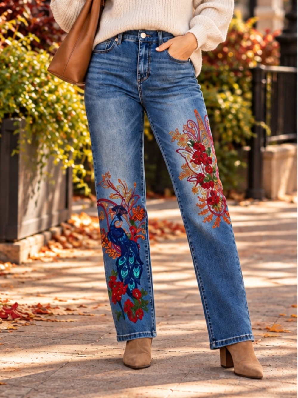 DG2 Diane Gilman Peacock Floral Embroidered Classic Stretch Jeans 4 NWT